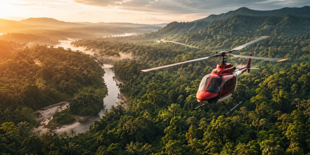 Harga sewa helikopter per jam untuk perjalanan udara eksklusif melintasi hutan, sungai, dan pegunungan.